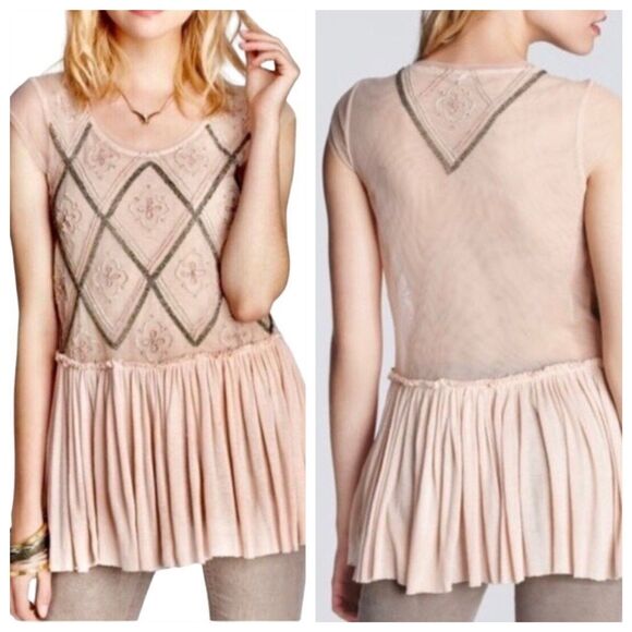 Free People Holiday to India Cap Sleeve Beaded Peplum Semi Sheer Top in Pink S - Picture 3 of 14